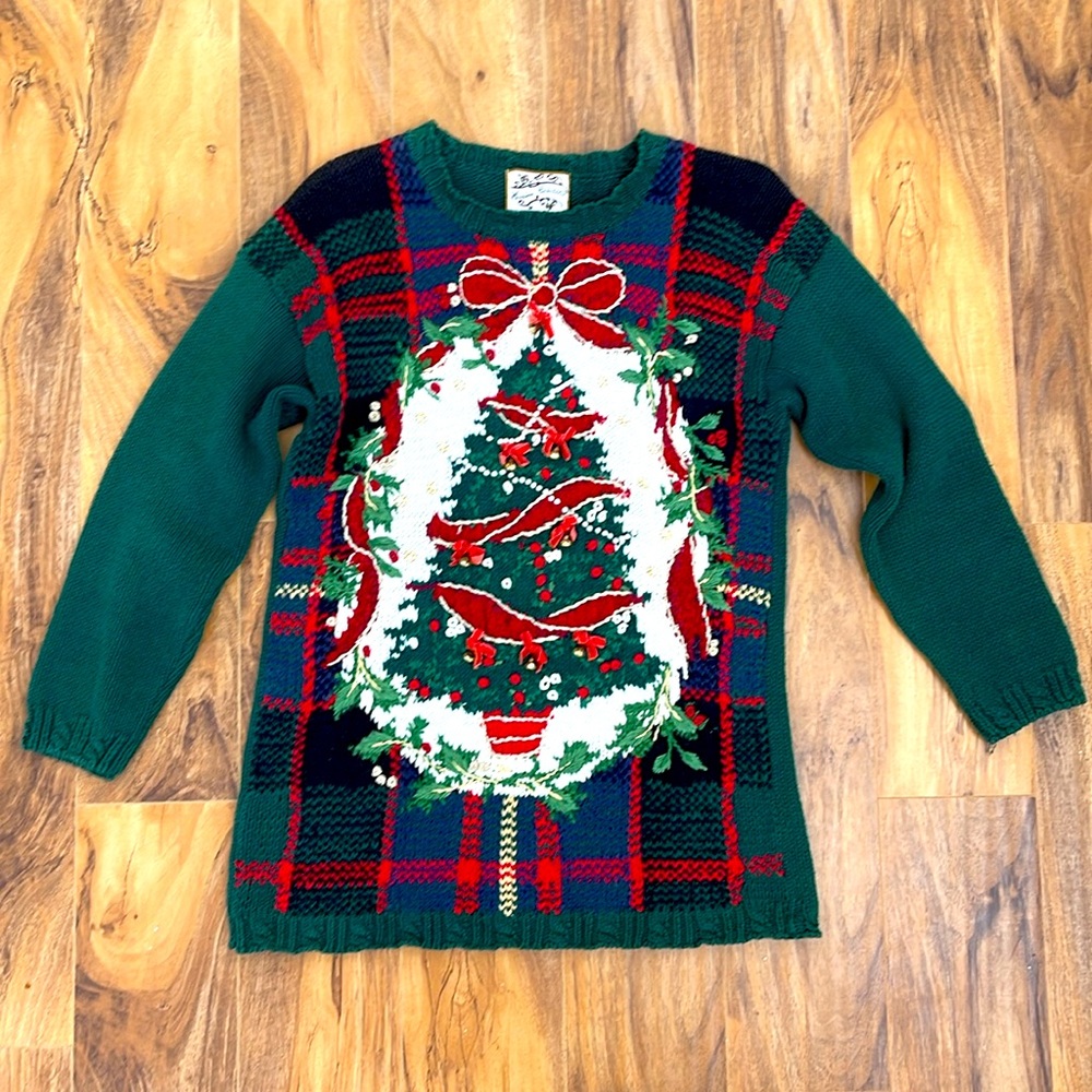 Vintage Heirloom Collectibles Christmas Sweater w/Bells Sz Small Red Green Gold